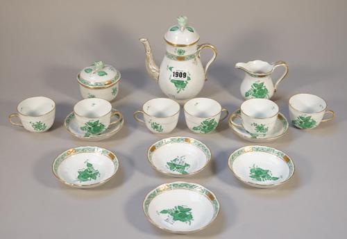 A Herend porcelain near six piece coffee service decorated in the green 'Chinese Bouquet' pattern, comprising; coffee pot and cover, 17.5cm high, milk
