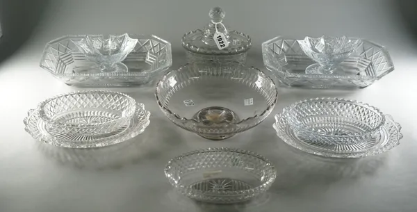 A group of cut glass tableware, early 19th century and later, comprising; a pair of octagonal dishes, 26cm wide; three oval bowls, approx. 17cm wide;