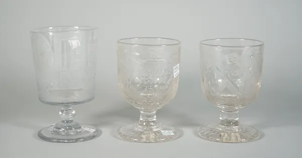 A Masonic glass goblet, 19th century, the bucket bowl engraved with Masonic emblems, raised on a short knopped stem and circular foot, 17cm high; and