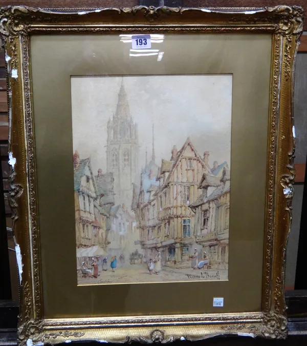 Pierre le Boeuff (fl.1899-1920), Caudebec, watercolour, signed and inscribed, 37cm x 27cm.; together with an etching of Amsterdam by Maxime Lalanne.(2