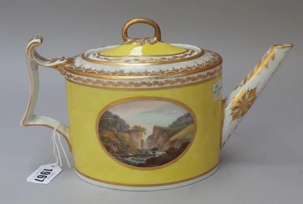 A Derby porcelain yellow ground topographical oval teapot and cover, circa 1795, probably painted by George Robertson with two scenes of waterfalls ti