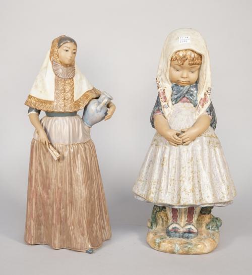 Two Lladro matte glaze figures, one modelled as a young Spanish girl holding a fan and jug, 34.5cm high, the other a young girl in a contemplative pos