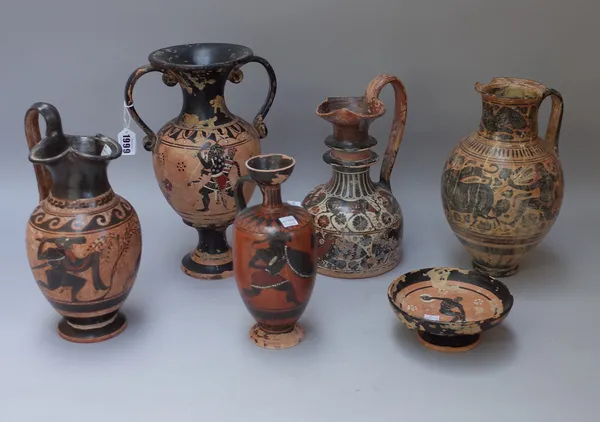 A group of six items of Attic style pottery, mostly painted with figure and animal subjects, comprising; a two-handled vase; four various jugs and a s