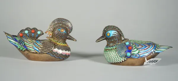 A pair of Chinese gilt enamelled censers and covers, 20th century, each modelled as a mandarin duck, worked in coloured enamels and inset with turquoi