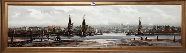 ** Elliott (20th century), Estuary scene, Rochester, oil on board, signed, 29cm x 121cm.