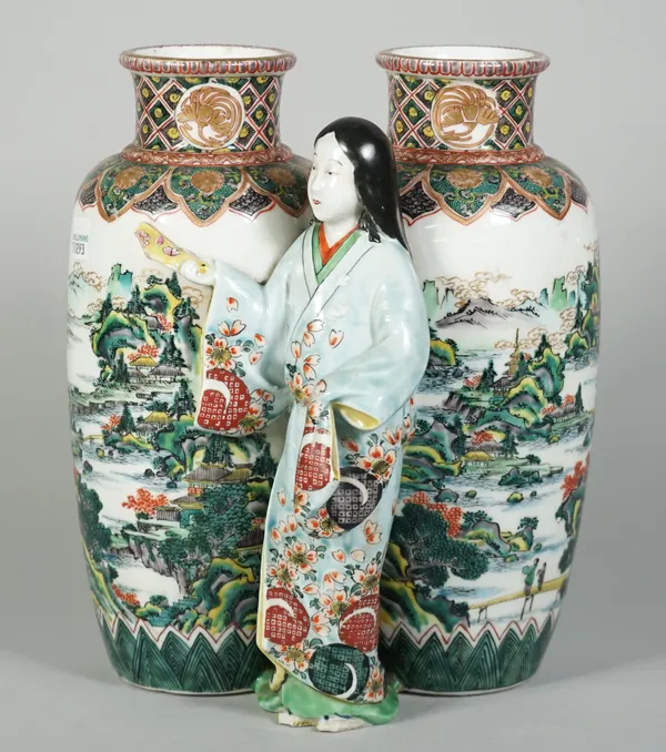 A Japanese ao-kutani double vase, Meiji period, the conjoined vases painted with river landscapes, applied on one side with a standing bijin, the reve