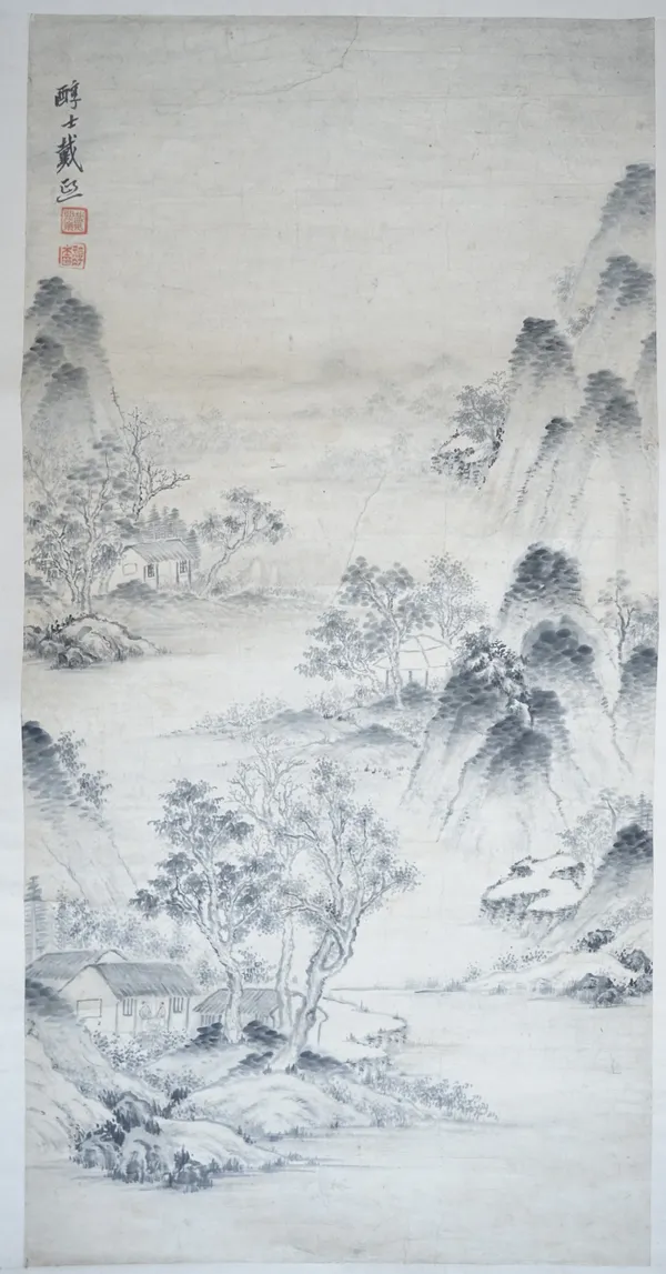 A Chinese hanging scroll, 19th century, ink on paper, depicting figures and buildings in a mountainous river landscape, with signature of Dai Xi and t