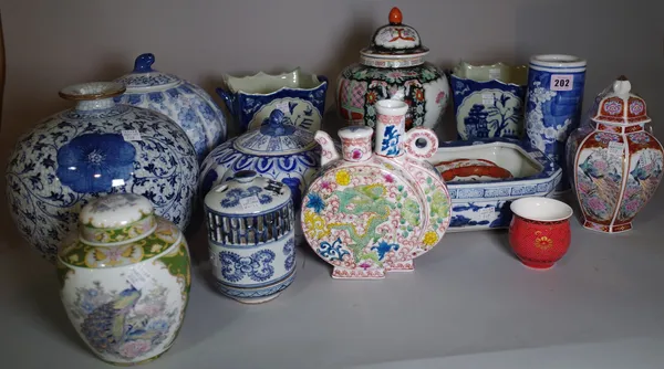 Asian ceramics, including; 20th century blue and white ginger jars, vases and sundry, (qty).