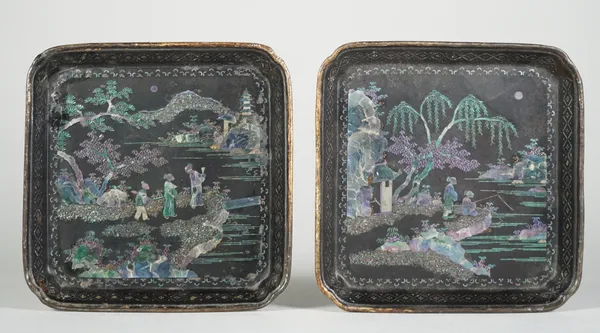 A pair of  Chinese laque burgauté small dishes, 18th century, of square form with canted corners, each decorated with figures on the banks of a river,