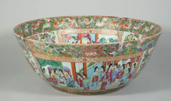 A Canton famille-rose punchbowl, 19th century, the interior and exterior painted with figurative panels against a gold ground filled with bats, insect