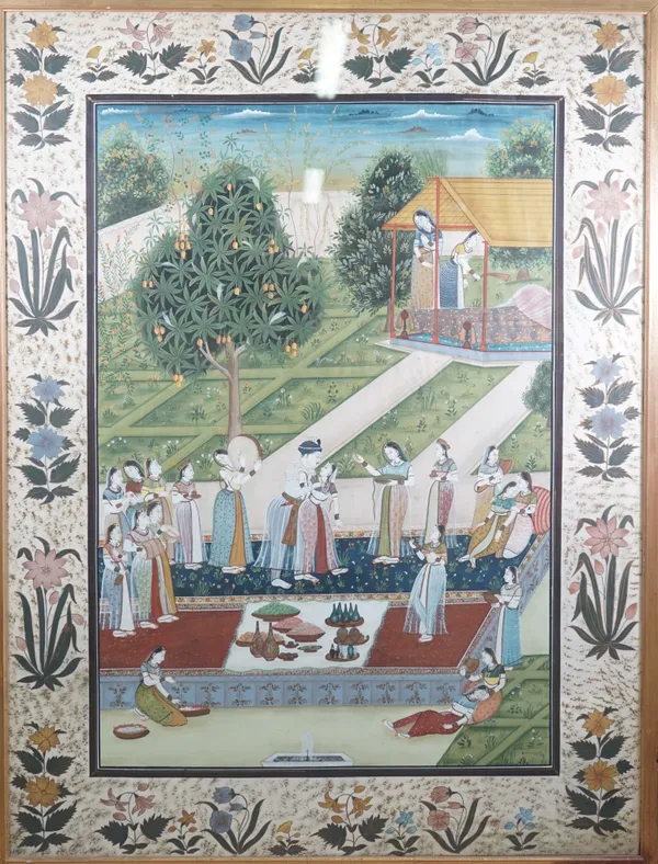 A large Indian gouache painting, 20th century, painted with a prince and princess with attendants in a garden, floral border, main image 91cm. by 62cm