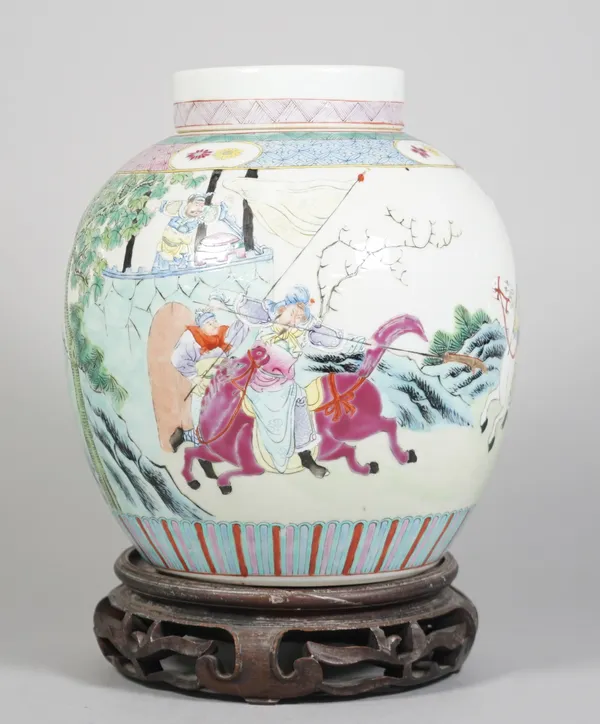 A Chinese famille-rose oviform jar and cover, early 20th century, painted with two soldiers on horseback with attendants, a further figure observing f