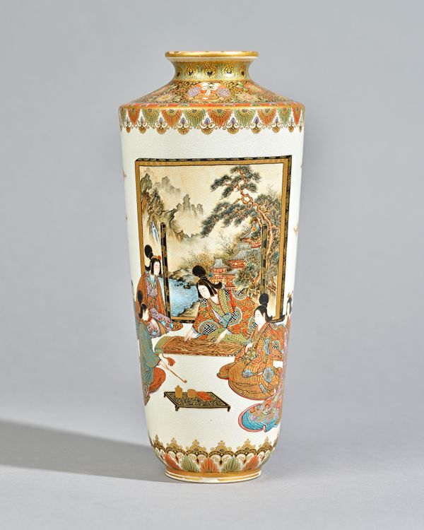 A tall Japanese Satsuma vase by Ryozan, Meiji period, of tapered cylindrical form, enamelled with women and children at leisure, including one young w