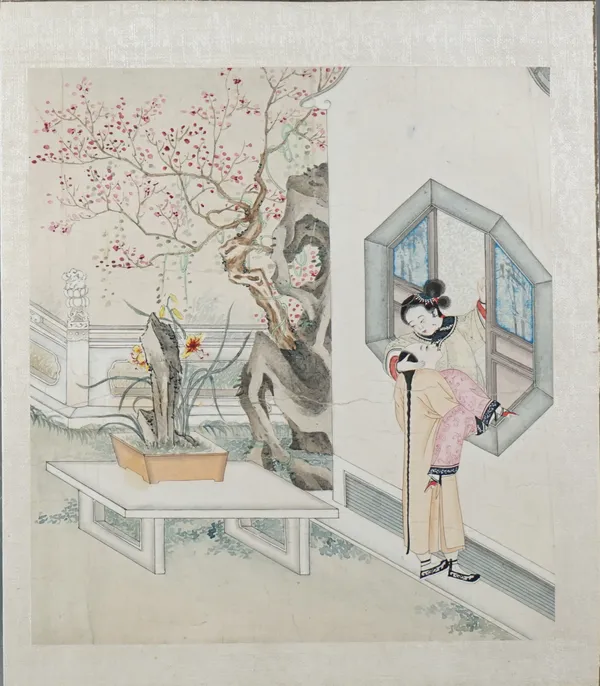 Four Chinese erotic subject paintings, 19th century, watercolour on paper laid on card, each depicting amorous couples in gardens, on balconies and te