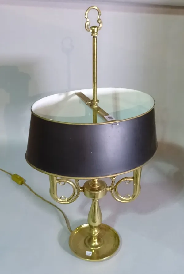 A 20th century brass twin branch table lamps formed as a pair of horns, 76cm high.