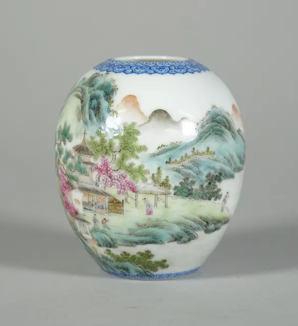 A small Chinese famille-rose ovoid vase, Republic period, 20th century, blue enamel four-character Qianlong reign mark, finely painted with an extensi