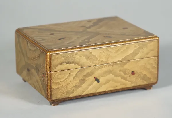 A Japanese gold lacquer tebako ( small box), Edo period, 19th century, of rectangular form, decorated in gold hiramaki-e on a mokumei ground with inse