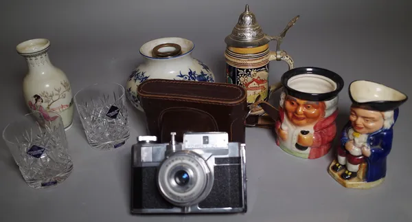 A small group of ceramics and collectables, including; cased camera toby jugs, Asian vase, German tankard and sundry.