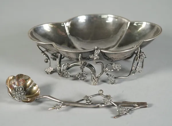 A Chinese export silver jam dish and spoon, mark attributed to Luen Hing, Shanghai, late 19th/ early 20th century, the dish of lobed form raised on an