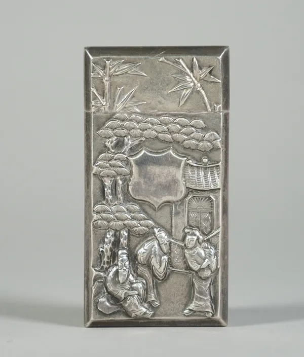 A Chinese export silver card case and cover, mark of Luen Wo, late 19th/early 20th century, of rectangular form, one side decorated in repoussé with f