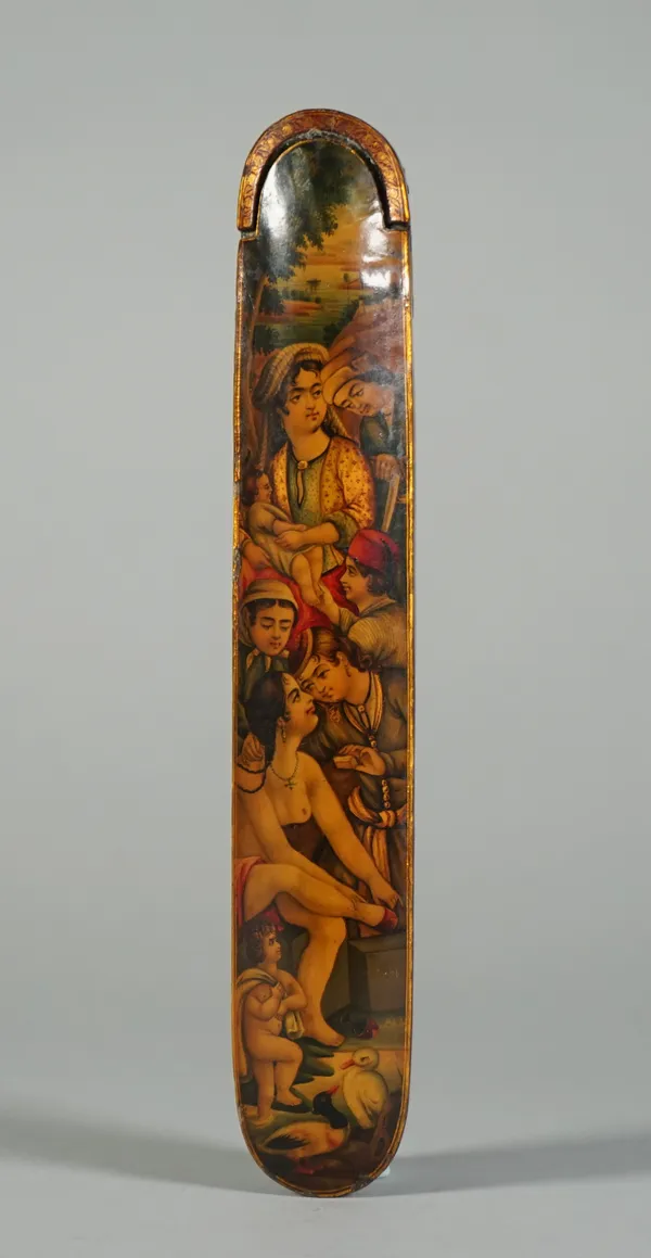 A Qajar lacquer pen case, 19th century, with rounded ends and sliding tray fitted with a metal inkwell, the top and sides painted with figures and ani