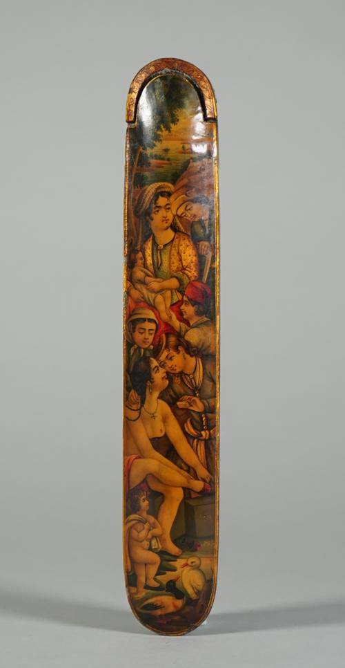 A Qajar lacquer pen case, 19th century, with rounded ends and sliding tray fitted with a metal inkwell, the top and sides painted with figures and ani
