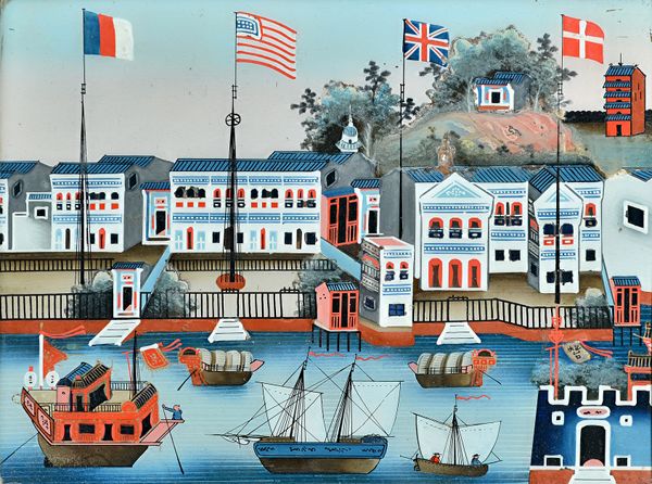 A pair of Chinese reverse glass paintings second half 19th century, one painted with a view of the Hongs at Canton showing the flags of France, Americ