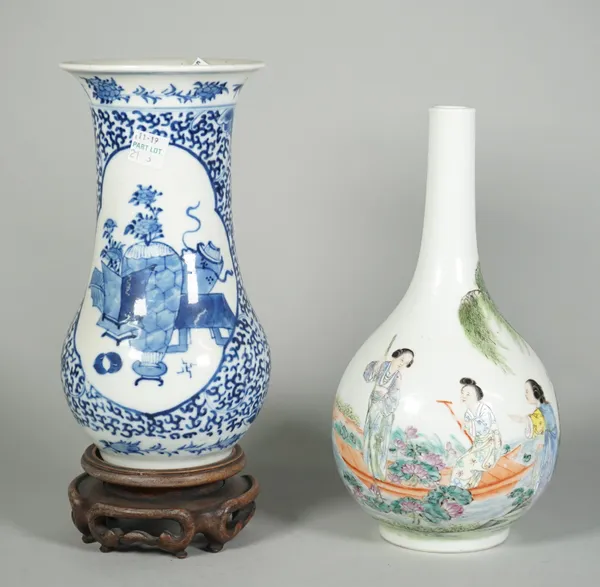 A Chinese famille-rose vase, probably Republic period, 20th century, painted with two young women in a sanpan and another watching from the riverbank,