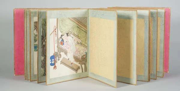 A Chinese erotic concertina album, 19th century ,ink and colour on paper, depicting amorous couples on terraces, in gardens and in interiors, each lea