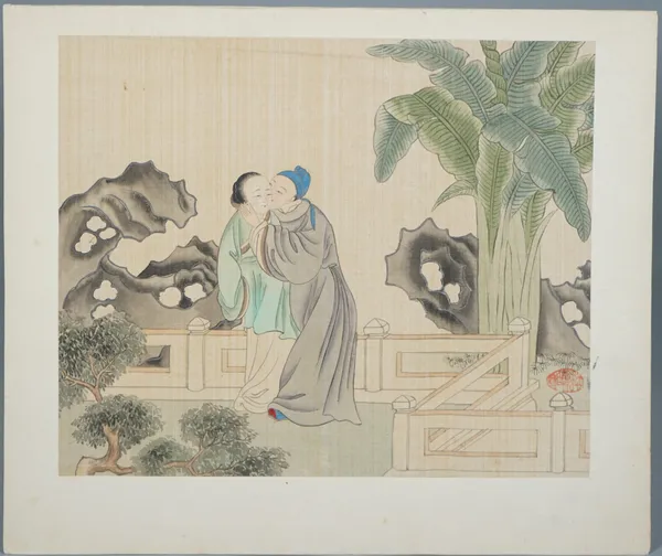 Ten Chinese erotic subject  paintings, 19th century, ink and colour on silk, depicting amorous and erotic scenes of couples, each 21cm. by 26cm., moun