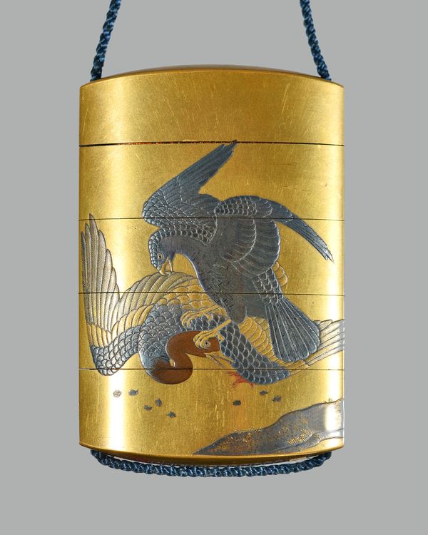 A Japanese gold lacquer four-case inro by the Kajikawa family, 19th century, decorated on the kinji ground in raised silver and brown with a bird of p