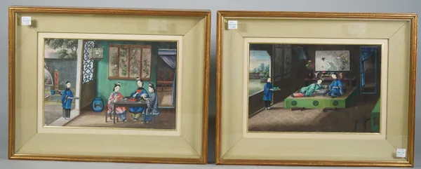 Chinese school, late 19th century, a pair of gouaches depicting figures in interiors, 17.5cm. by 27cm., mounted, framed and glazed, (2).