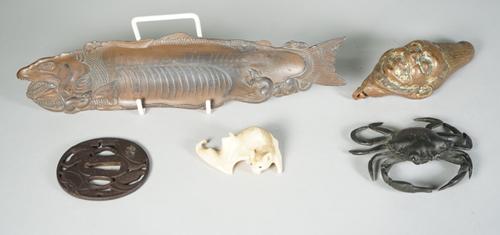 A group of Asian works of art, various dates, comprising; a Japanese bronze crab, 10cm. wide; a Japanese bronze tsuba pierced with leaves, 7.25cm. hig