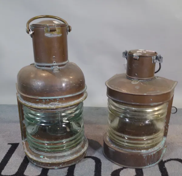 Two copper glazed ship lanterns, late 19th century, one stamped GM Hammar, the largest 52cm high.