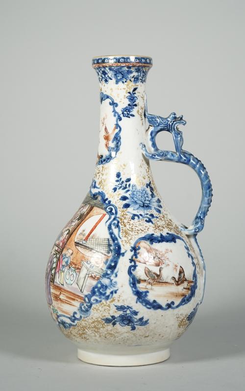 A Chinese export mandarin palette jug, Qianlong, of bottle form set with a blue glazed chilong handle, painted with one large figurative panel and thr