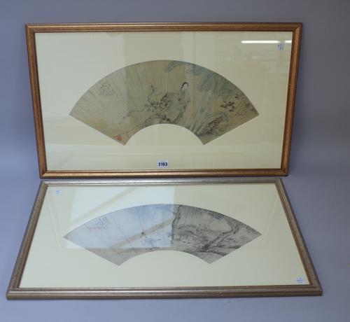 Two Chinese fan paintings, late 19th/20th century, one painted with a young woman standing against rocks in a landscape, with calligraphy and red seal