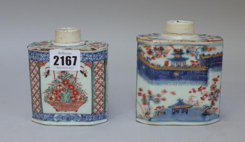 A Chinese porcelain Dutch-decorated tea canister, early 18th century, of canted rectangular form, originally painted in underglaze-blue with diaper bo