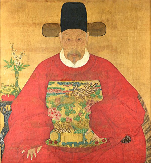 An ancestor portrait, probably Korean,  17th/18th century, painted on silk, depicting an elderly man seated in red robes with a rank badge of double b