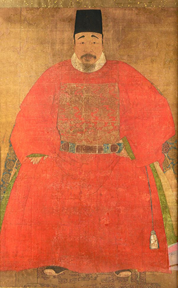 A large ancestor portrait, probably Korean, 17th/18th century, painted on silk, depicting a man seated in a black hat and red robe with a rank badge o