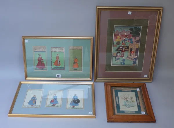 Six Indian miniature paintings of soldiers, each standing in a landscape, three with lines of script above, each approx. 14cm. by 9cm., mounted as two