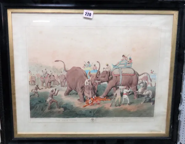 After Samel Howitt, Driving Elephants into a Keddah; Killing game in Boats; The Dead Tiger; Beating Sugar canes for a Hog, four aquatints with hand co