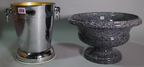 A 20th century silver plated wine cooler and mottled grey ceramic pedestal bowl.