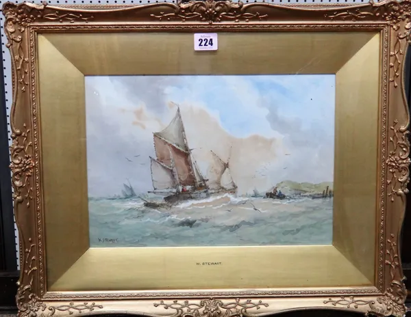 W. Stewart (19th/20th century), Vessels off the coast, watercolour, signed, 23.5cm x 33.5cm.; together with a further watercolour of Shepherd and shee