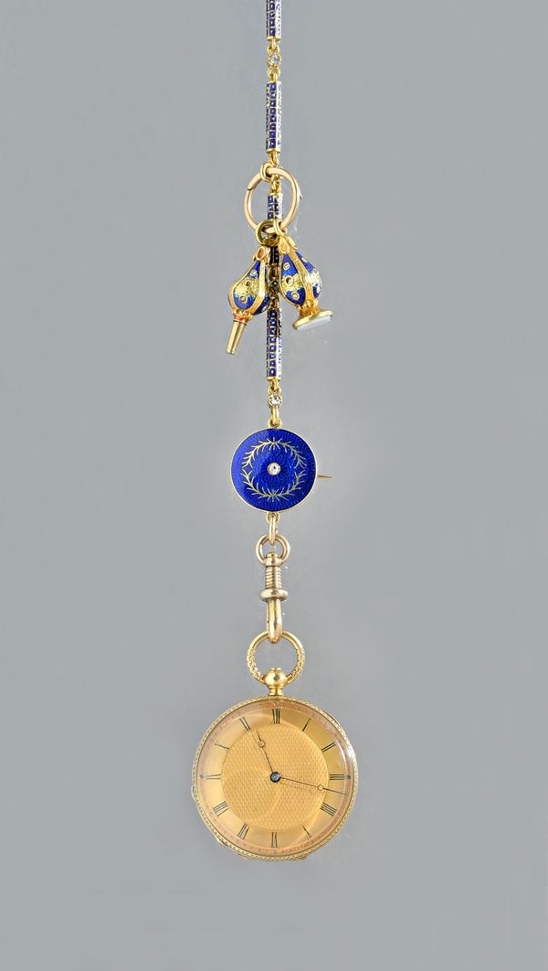A mid-Victorian gold, blue enamelled and diamond set lady's fob watch,  circa 1860, with an unsigned gilt cylinder movement, the inner and outer case