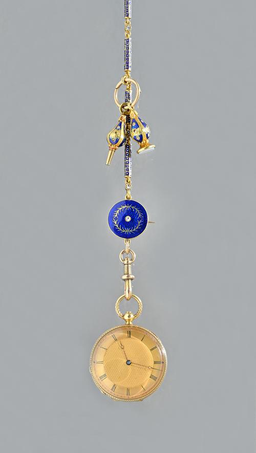 A mid-Victorian gold, blue enamelled and diamond set lady's fob watch,  circa 1860, with an unsigned gilt cylinder movement, the inner and outer case