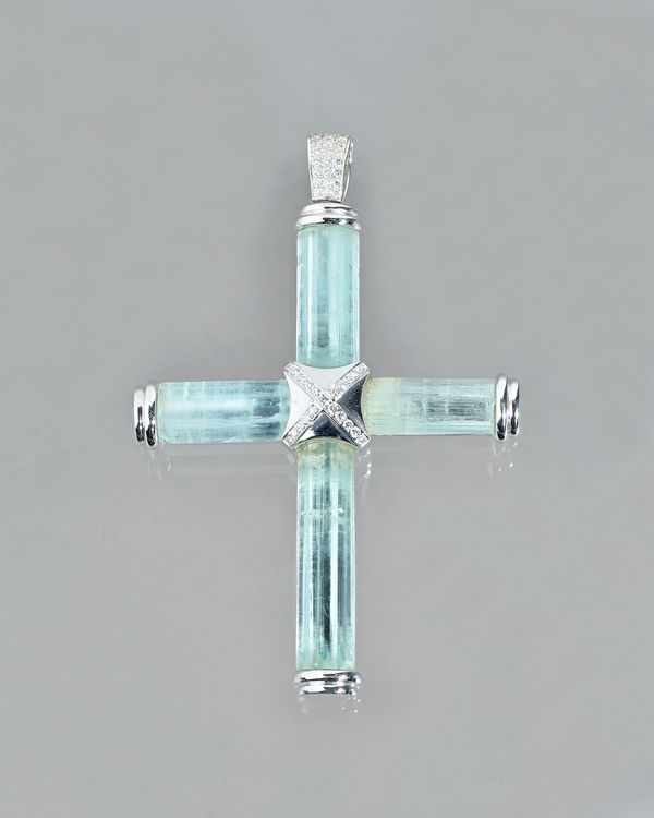 A large aqua, diamond and white gold pendant, of cruciform design, the suspension loop pavé set with circular cut diamonds, the central cross further