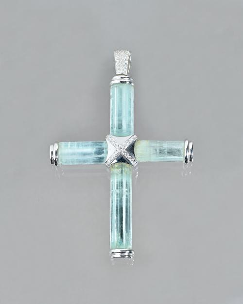 A large aqua, diamond and white gold pendant, of cruciform design, the suspension loop pavé set with circular cut diamonds, the central cross further