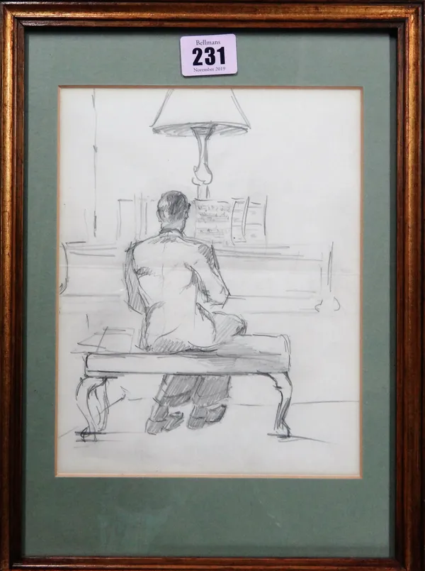 English School (20th century), The pianist, pencil, 21cm x 16.5cm.