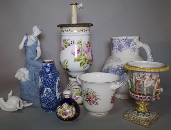 Ceramics, a group of 19th century and later decorated ceramics, including; a continental urn decorated with figures, blue and white bisque model of a