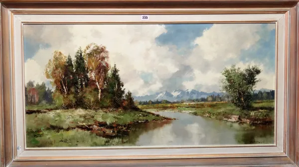 Schmid (20th century), River landscape, oil on canvas, signed, 49cm x 100cm.